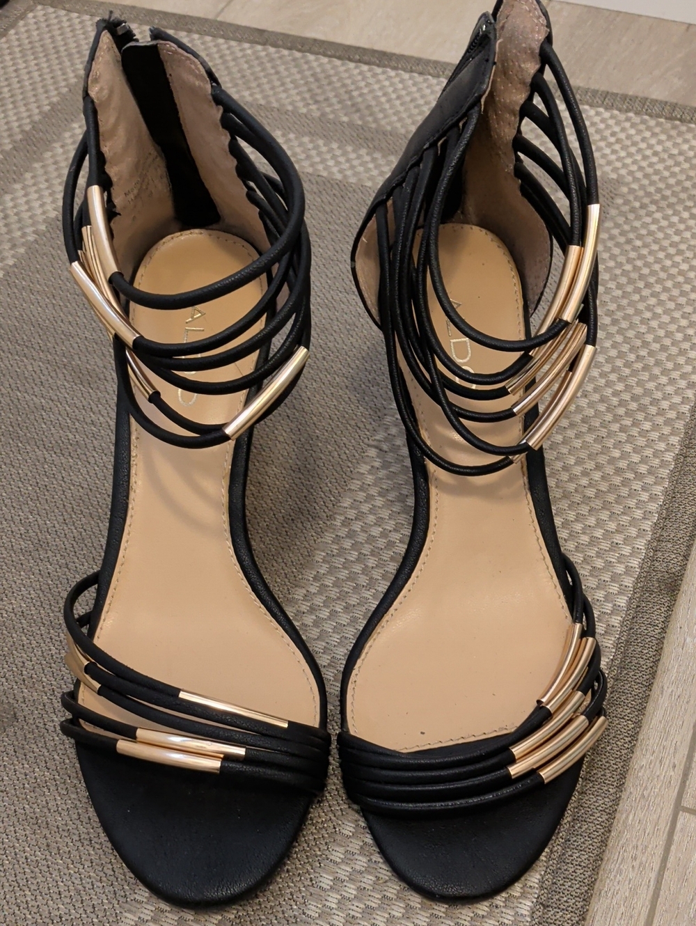 Aldo Black Sandals with Gold Tube Accents